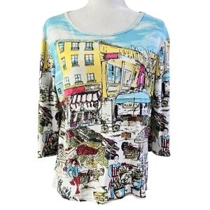 Christopher & Banks 100% Cotton Market Cityscape Art to Wear 3/4 Sleeve Top
